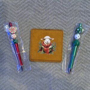 Hand crafted- Winter pens and lamb coaster set. 2 pens and a coaster.